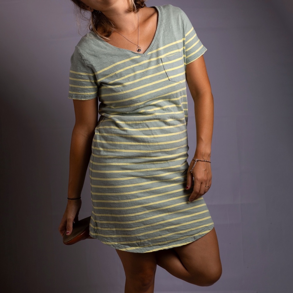 Gap Relaxed V-Neck Pocket T-Shirt Dress XSmall Petite in Green Stripe